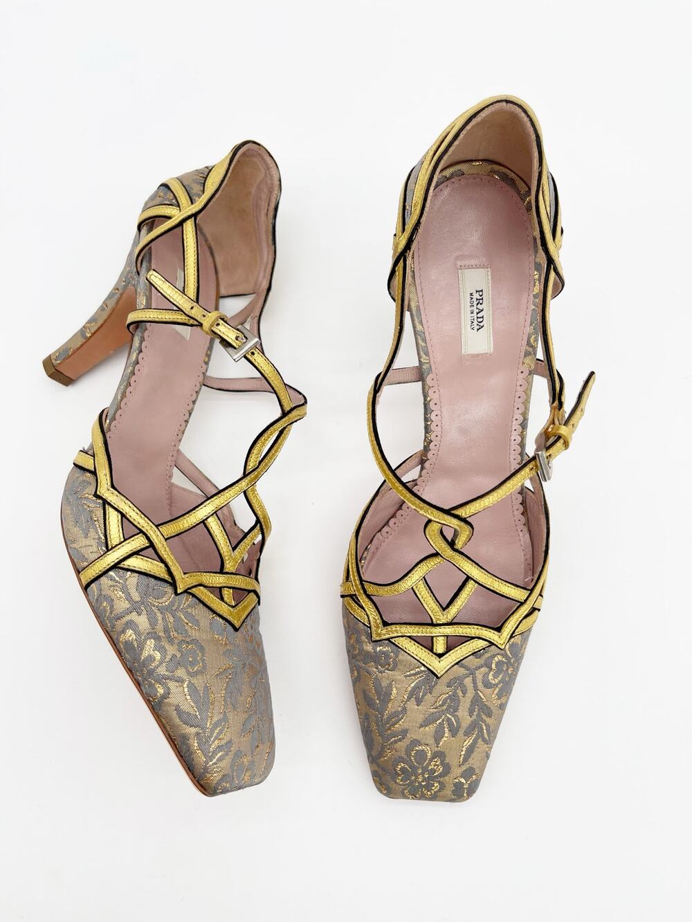Prada Vintage Gold Floral Brocade Retro Baroque Strappy Square Toe Heels IT 40